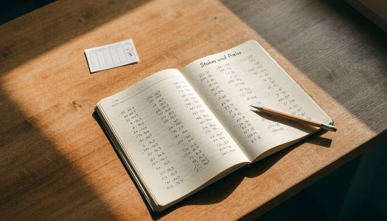 Ein Notizbuch mit handschriftlichen Spalten und einem Bleistift liegt auf einem Schreibtisch neben einem Taschenrechner.