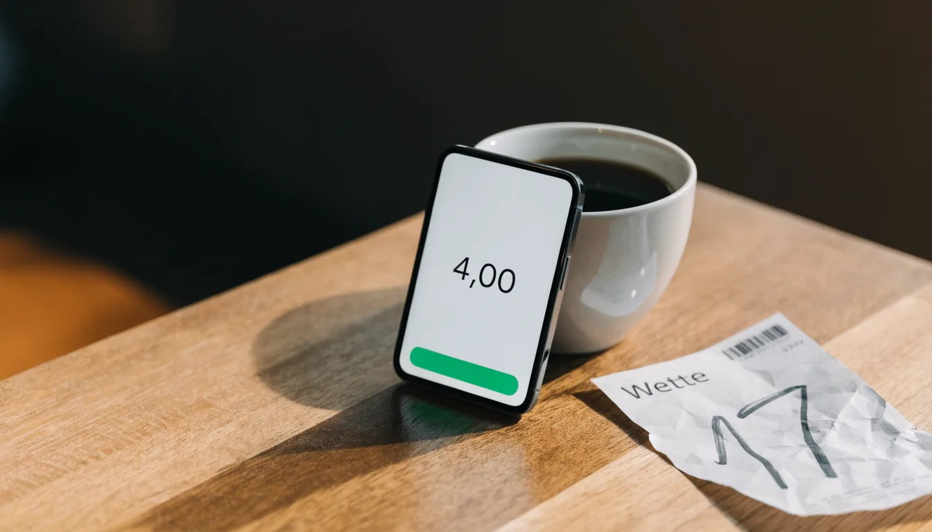 Ein Smartphone mit dunklem Bildschirm lehnt an einer Kaffeetasse auf einem Holztisch, daneben ein blanker Papier-Wettschein.