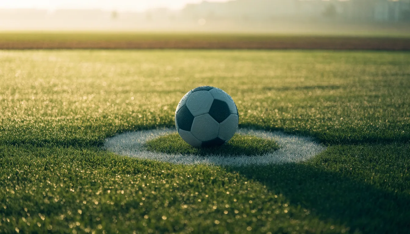 Ein Fußball liegt auf dem Anstoßpunkt eines Rasenplatzes im ersten Morgenlicht, Tau glänzt auf dem Gras.