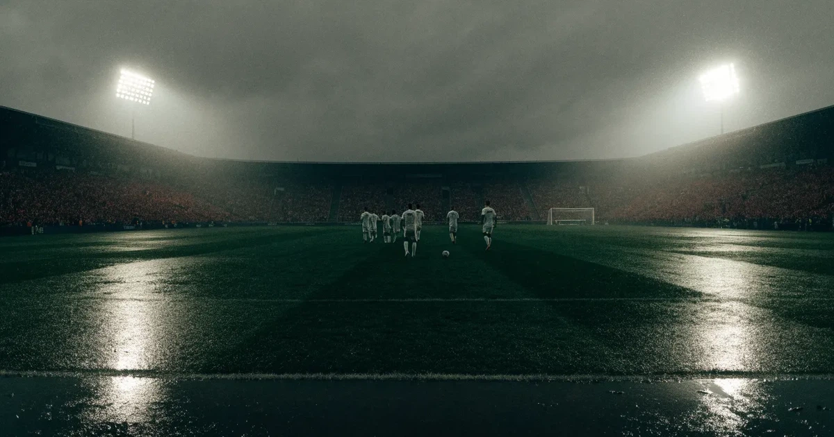 Ein englisches Fußballstadion mit rotbraunen Backsteintribünen unter bedecktem Himmel, davor ein nasser Rasen mit Spielfeldlinien.