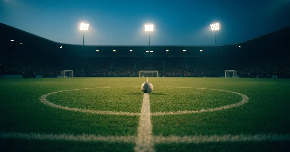 Ein Rasenplatz in der Dämmerung mit eingeschalteten Flutlichtmasten, ein Ball liegt am Anstoßpunkt, die Tribünen im Hintergrund sind unscharf.