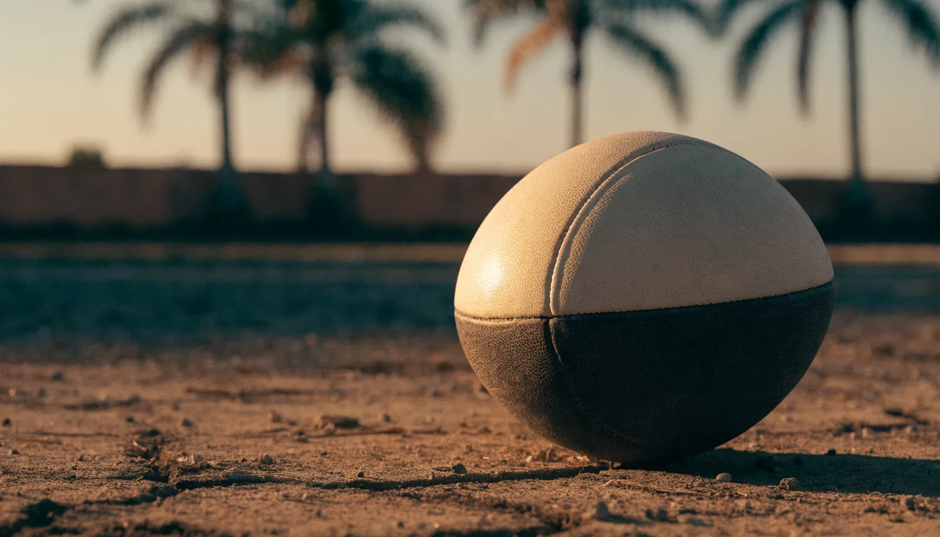 Ein Fußball liegt auf einem staubigen Bolzplatz mit Palmen im Hintergrund in warmem Abendlicht.