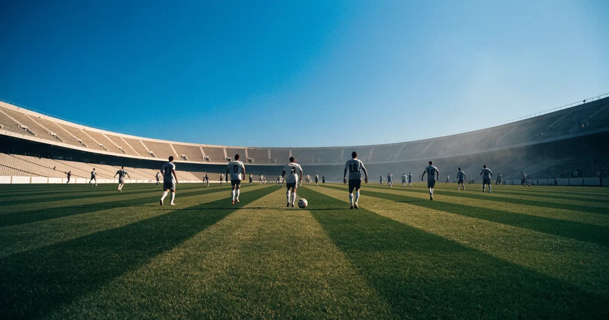 Ein Fußballstadion mit hellen Rängen unter strahlend blauem Himmel, davor ein sonnenbeschienener Rasen mit frisch gemähten Streifen.