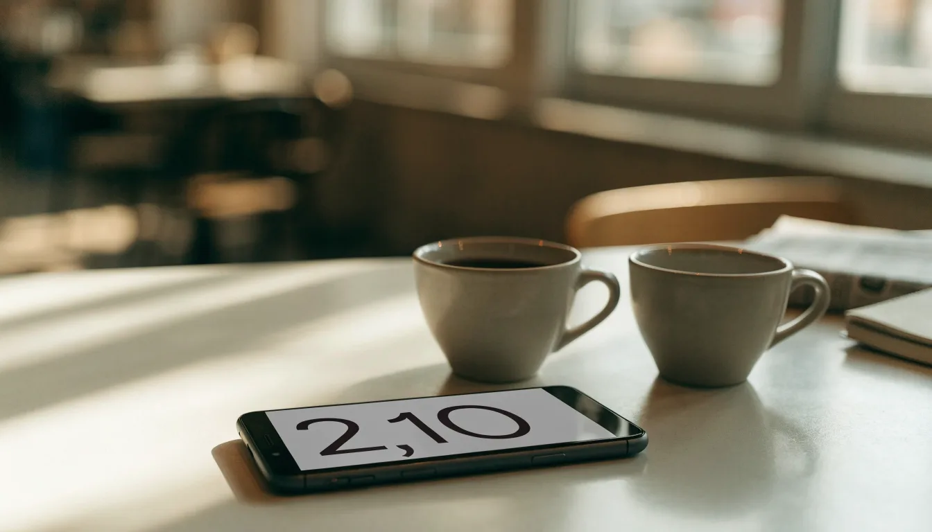 Zwei Kaffeetassen und ein dunkles Smartphone stehen auf einem Café-Tisch am Fenster im Morgenlicht.