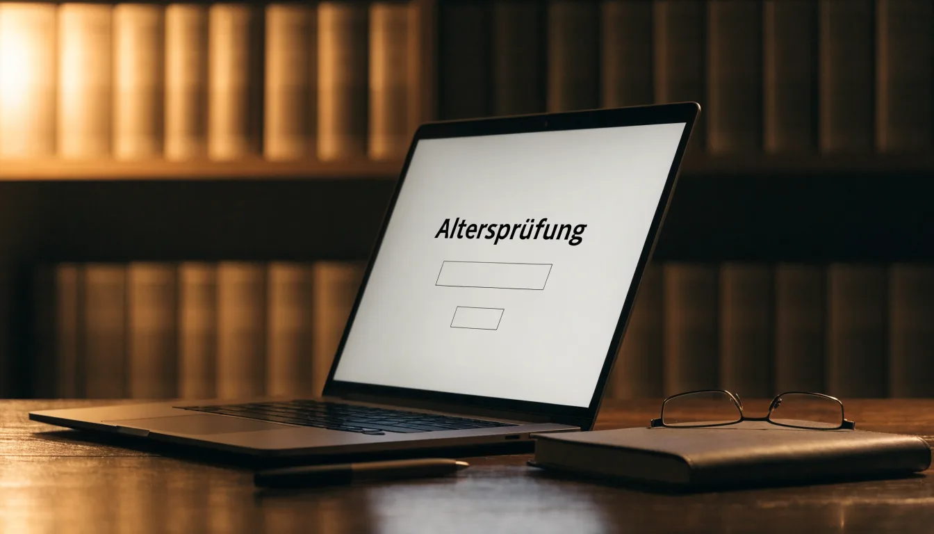 Eine Messingwaage steht auf einem dunklen Holztisch, dahinter eine unscharfe Regalwand mit geschlossenen Büchern.