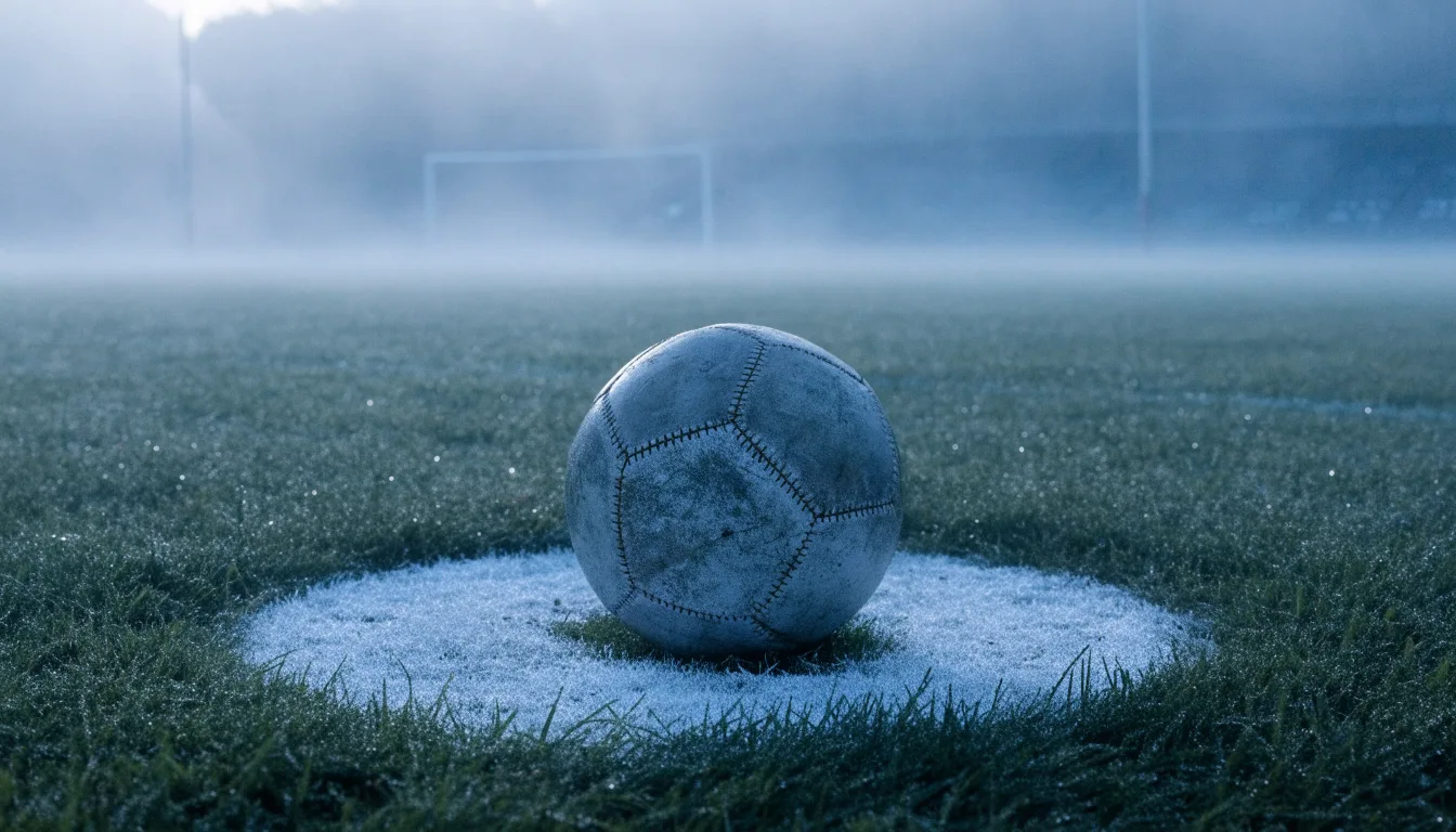 Ein abgewetzter Fußball liegt auf dem Anstoßkreis eines Naturrasens im Morgennebel.