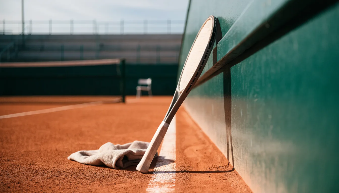Ein Tennisschläger lehnt an einer dunkelgrünen Bande ohne Aufschrift auf einem Sandplatz, daneben liegt ein Handtuch.