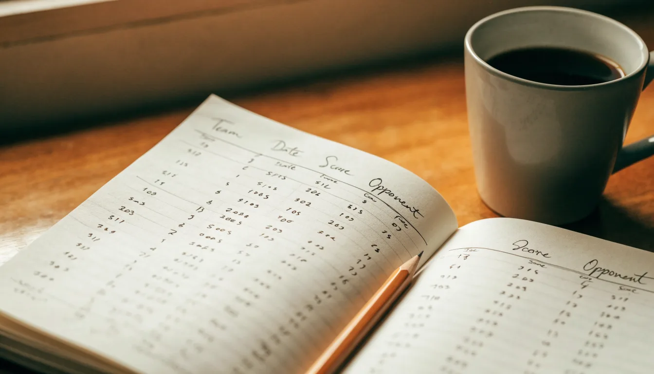 Ein aufgeschlagenes Notizbuch mit handschriftlichen Skizzen liegt neben einem Bleistift auf einem Holztisch, daneben eine Tasse Kaffee.