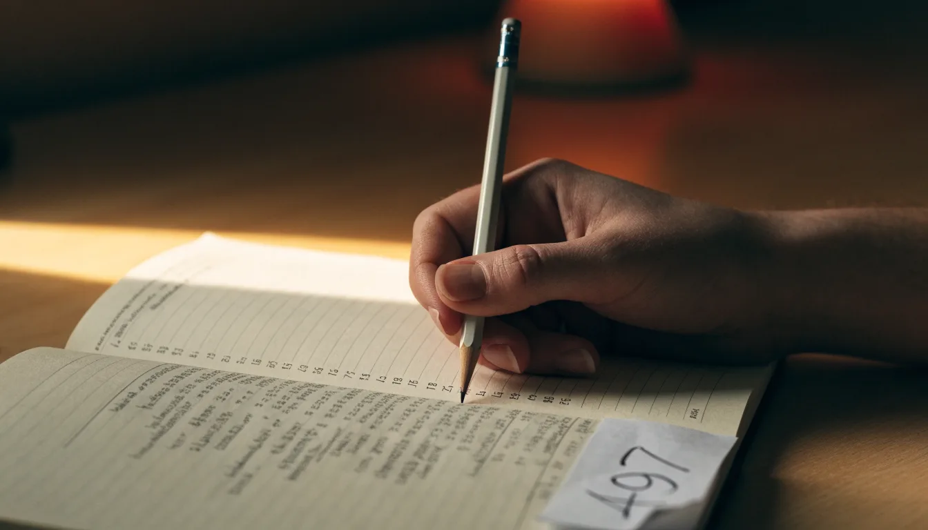 Ein Taschenrechner und ein Bleistift liegen auf einem Schreibtisch neben einem aufgeschlagenen Notizbuch mit handschriftlichen Zahlenreihen.