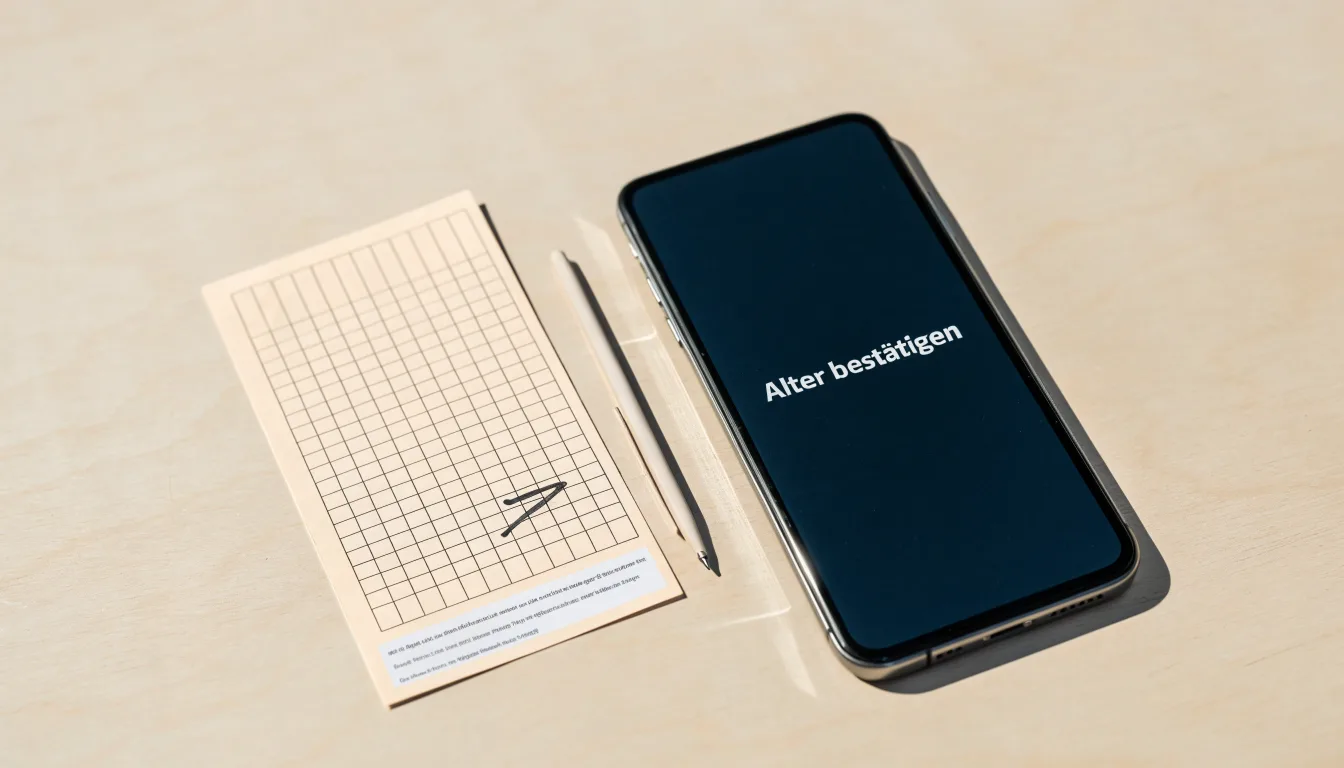 Ein leerer Papier-Wettschein liegt neben einem Smartphone mit dunklem Display auf einer hellen Tischplatte, daneben ein Kugelschreiber.