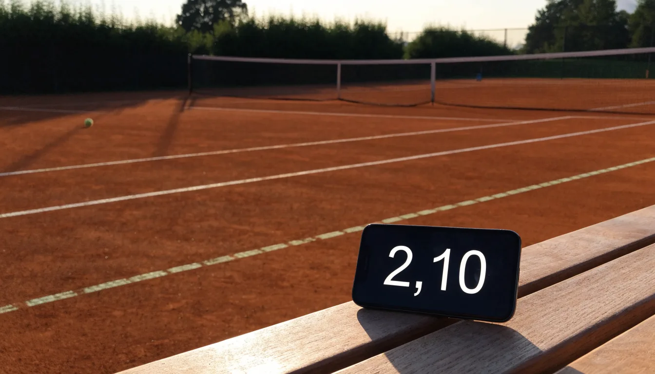 Ein Tennisplatz bei Sonnenaufgang, Netz und Grundlinien im weichen Licht, niemand ist zu sehen.