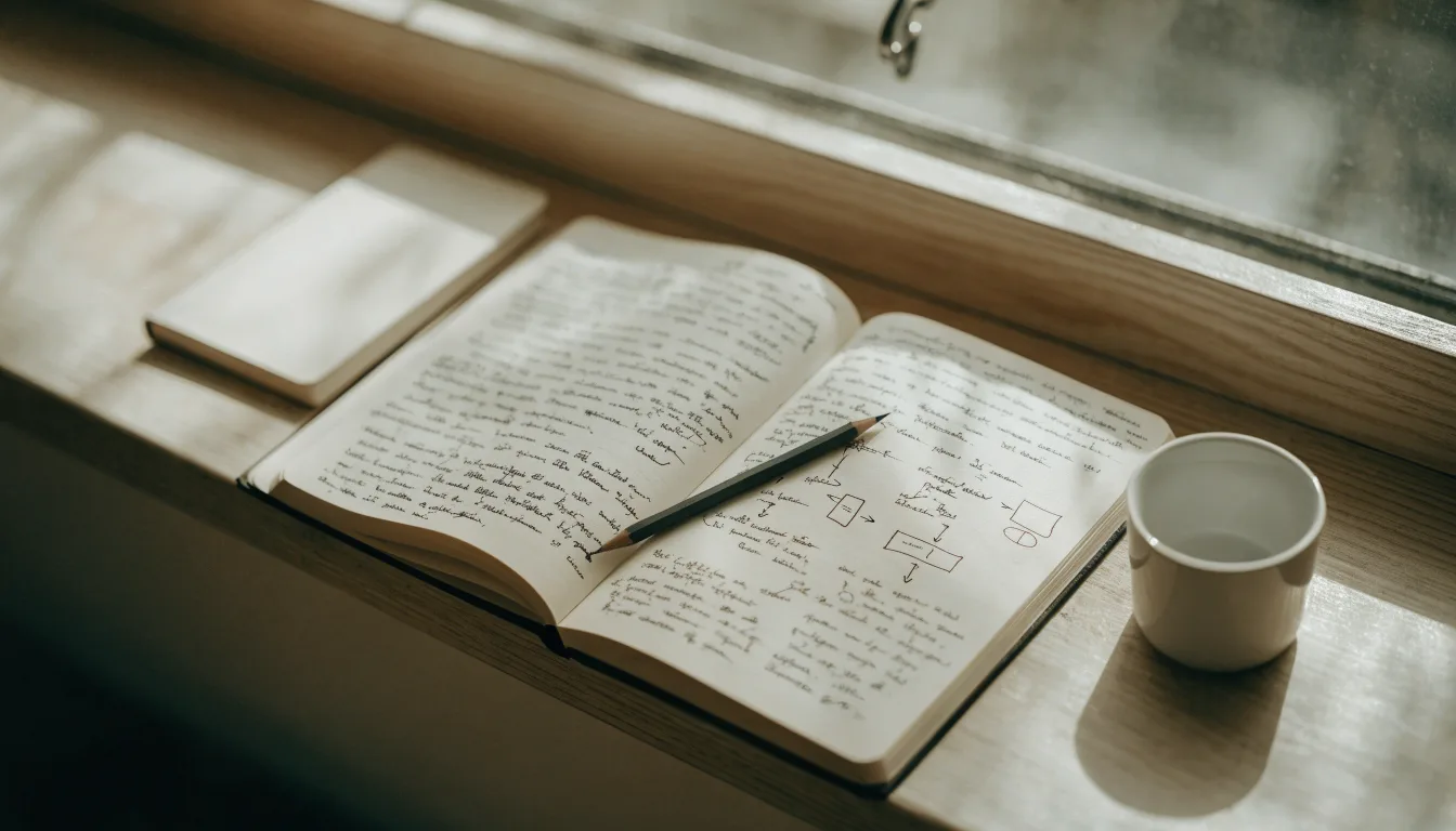 Ein aufgeschlagenes Notizbuch mit handschriftlichen Skizzen und ein Bleistift liegen auf einer Fensterbank im Tageslicht.