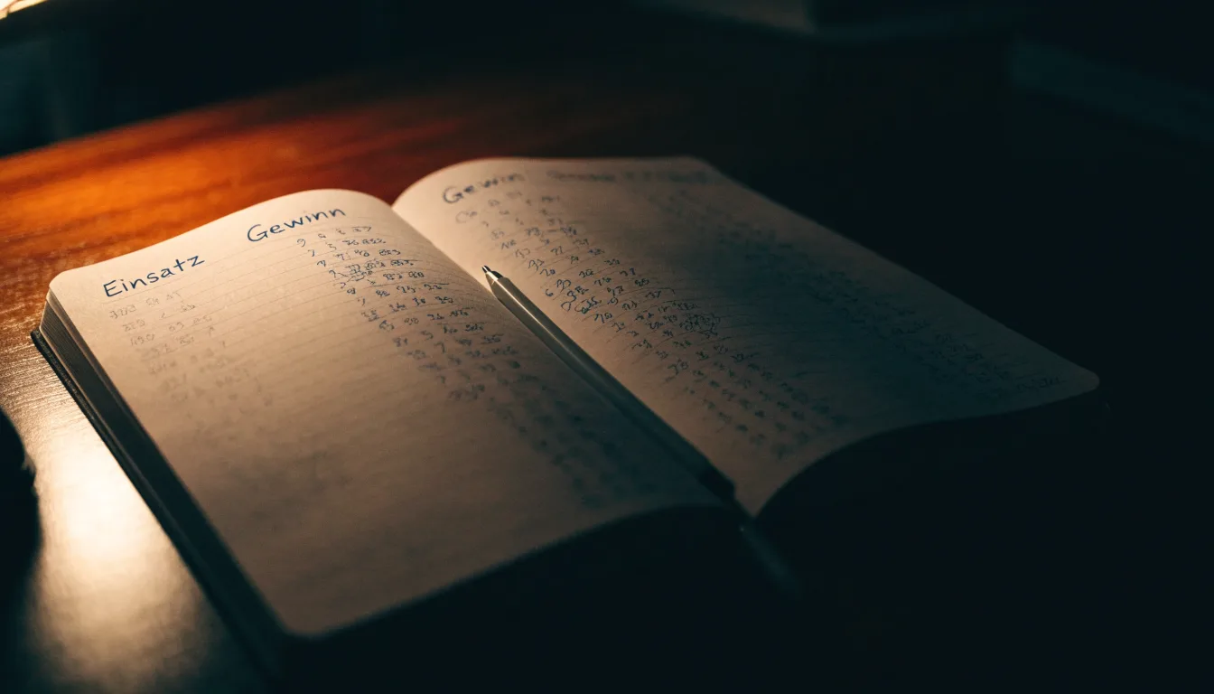 Ein Taschenrechner und ein Notizbuch mit handschriftlichen Zahlenreihen liegen auf einem Schreibtisch unter einer Lampe.