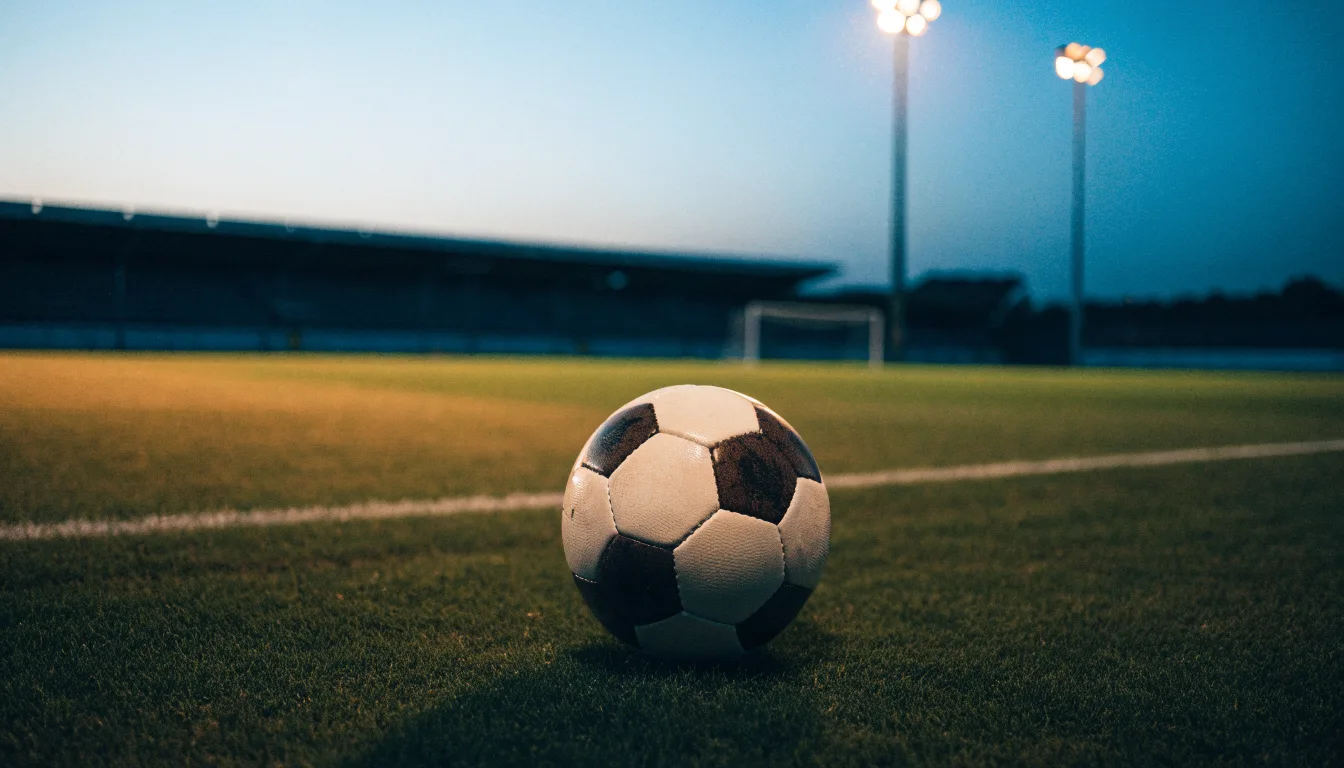 Ein Fußball liegt im Gras eines leeren Platzes, im Hintergrund stehen Flutlichtmasten in der Dämmerung.