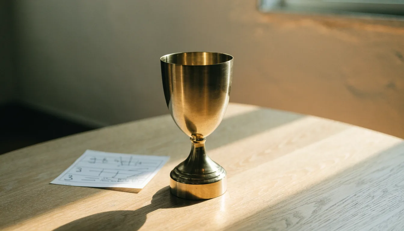 Ein Pokal ohne Gravur steht allein auf einem Holztisch vor einer hellen Wand, davon fällt ein weicher Schatten.