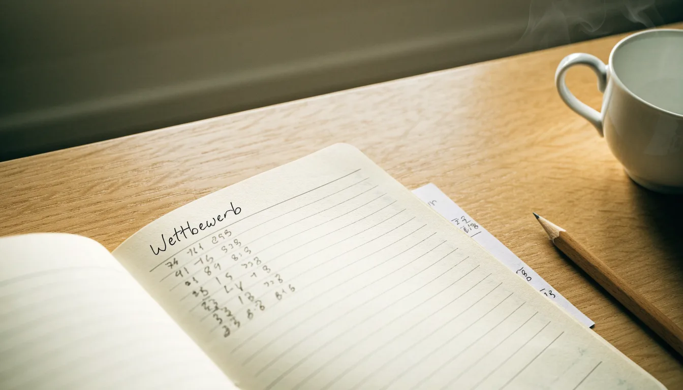 Ein aufgeschlagenes Notizbuch mit handschriftlichen Skizzen und ein Bleistift liegen auf einem Schreibtisch neben einer Tasse Tee.