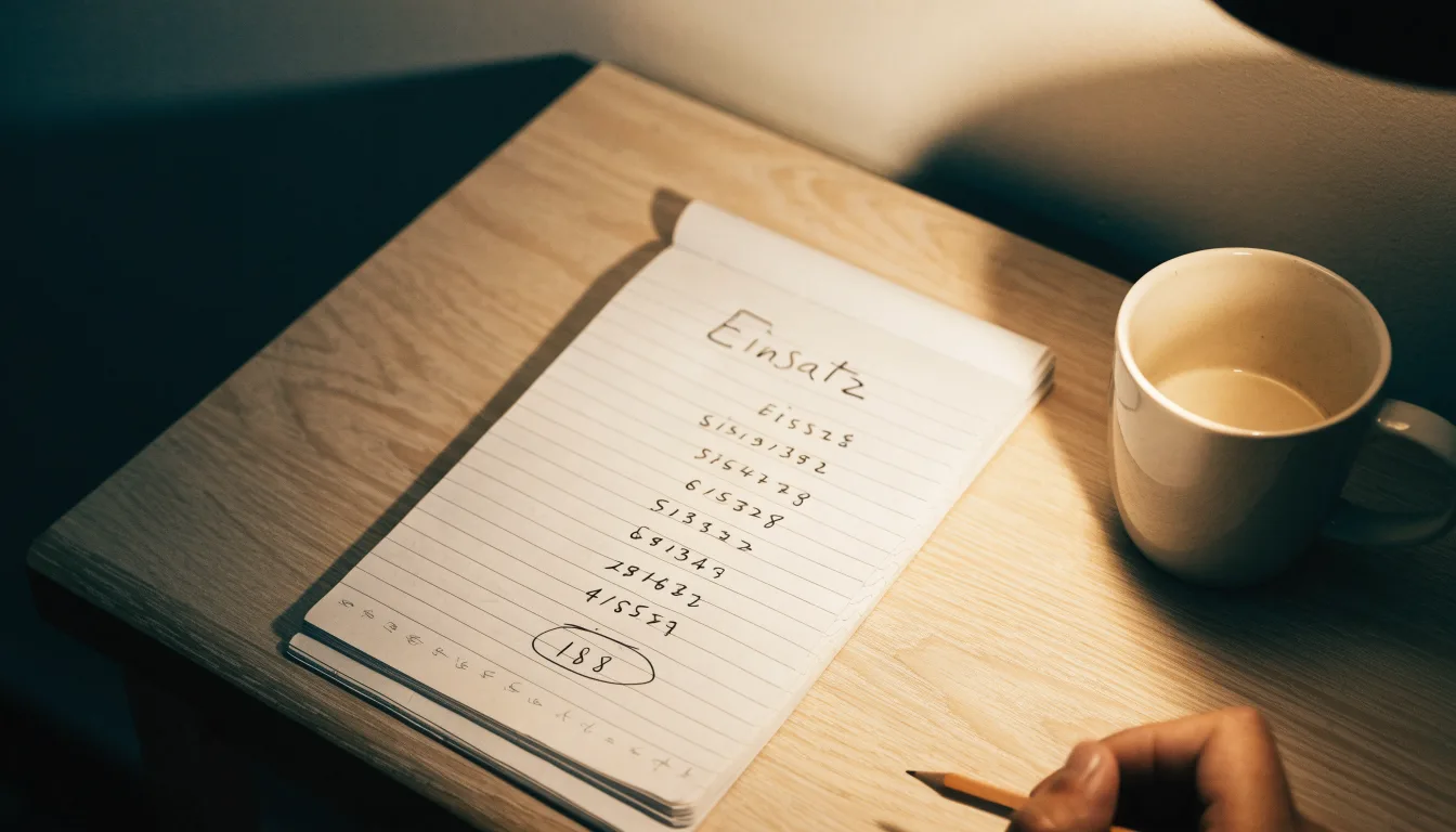 Ein Taschenrechner und ein Bleistift liegen auf einem Schreibtisch neben einer Tasse Kaffee im Licht einer Lampe.