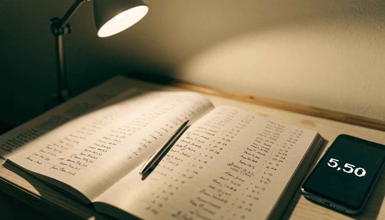 Ein Taschenrechner und ein aufgeschlagenes Notizbuch mit handschriftlichen Zahlenreihen liegen unter einer Schreibtischlampe.