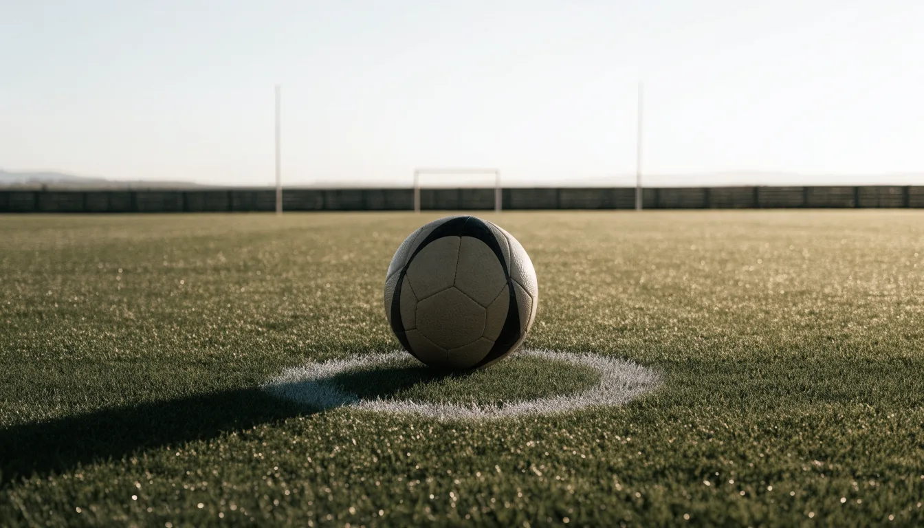 Ein Fußball liegt allein auf dem Anstoßpunkt eines leeren Rasenplatzes im Morgenlicht, am Rand ein niedriger Zaun.