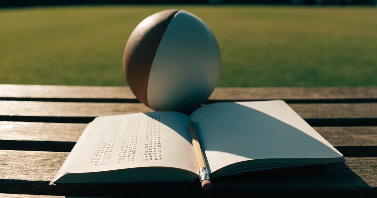 Ein Notizbuch mit handschriftlichen Zahlenkolonnen und ein Bleistift liegen neben einem Fußball auf einer Holzbank.