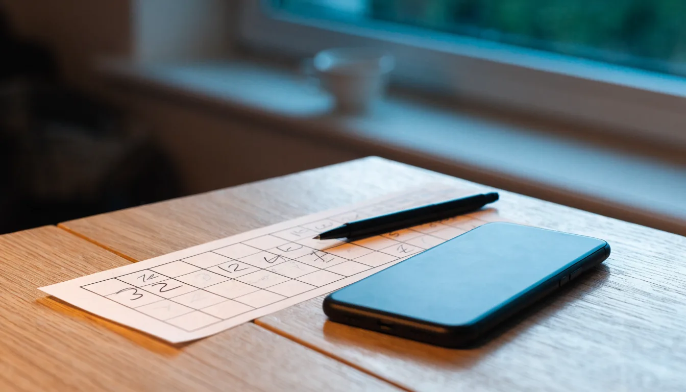 Ein leerer Papier-Wettschein und ein Kugelschreiber liegen neben einem Smartphone mit dunklem Display auf einem Tisch am Fenster.