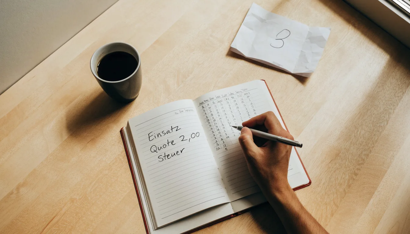 Ein Notizbuch mit handschriftlichen Rechnungen und ein Taschenrechner liegen auf einem hellen Schreibtisch neben einer Kaffeetasse.