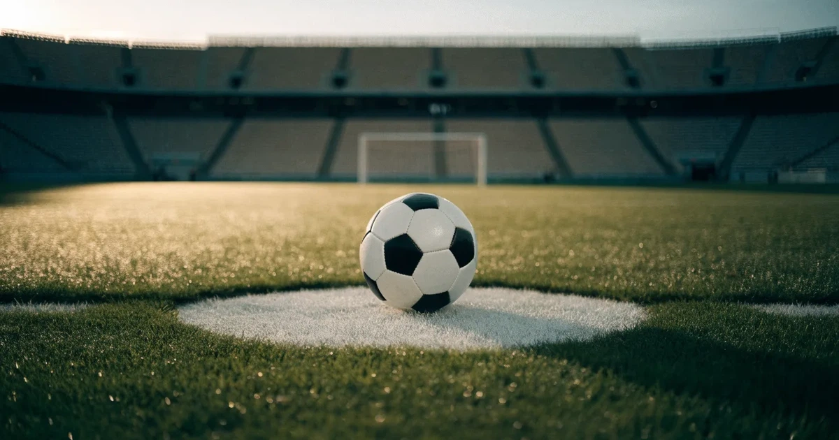 Ein Fußball liegt auf dem Anstoßpunkt eines Rasenplatzes, dahinter leere Tribünen im Licht des frühen Morgens.