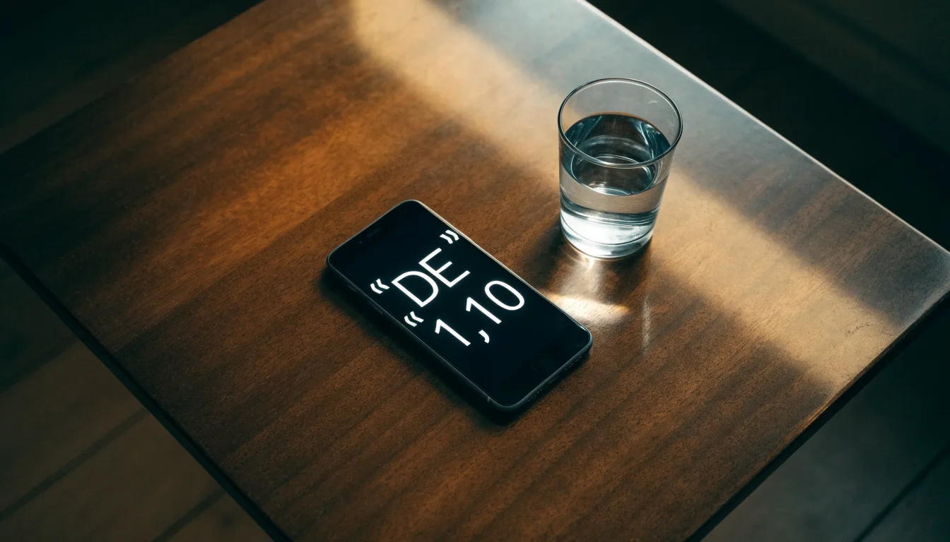 Ein Smartphone liegt mit dem Display nach unten auf einem Holztisch neben einem Glas Wasser, Abendlicht fällt durch ein Fenster.