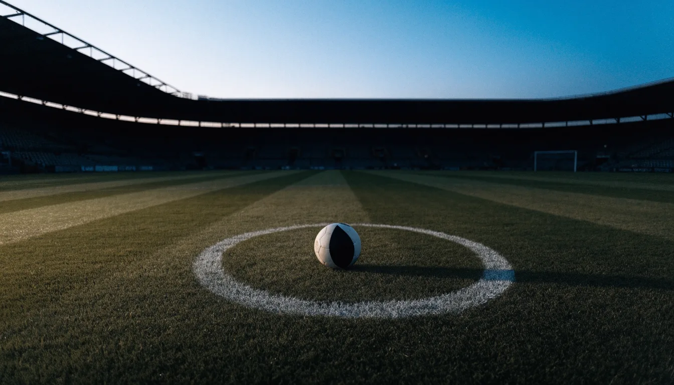 Ein Fußball liegt auf dem Anstoßpunkt eines leeren Rasenplatzes, dahinter ragen dunkle Ränge in den Abendhimmel.