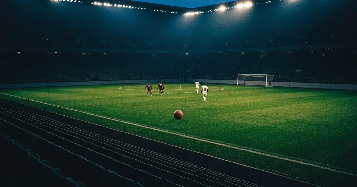 Ein Fußballstadion am Abend unter Flutlicht aus der Ferne gesehen, die Tribünen sind leicht beleuchtet und der Himmel dunkelblau.
