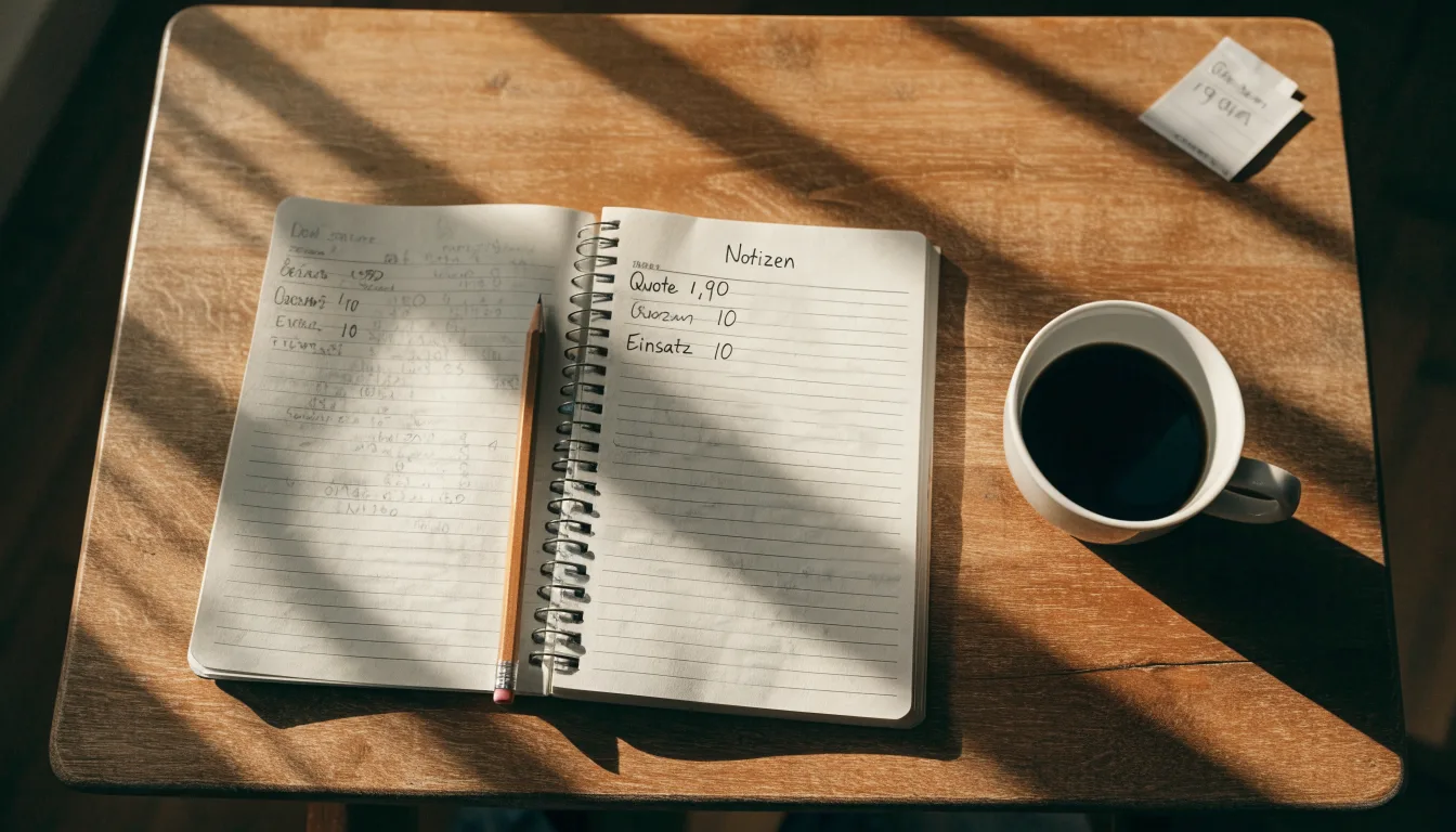Ein Notizbuch mit handschriftlichen Notizen und einem Bleistift liegt auf einem Tisch, daneben steht eine Kaffeetasse im Morgenlicht.