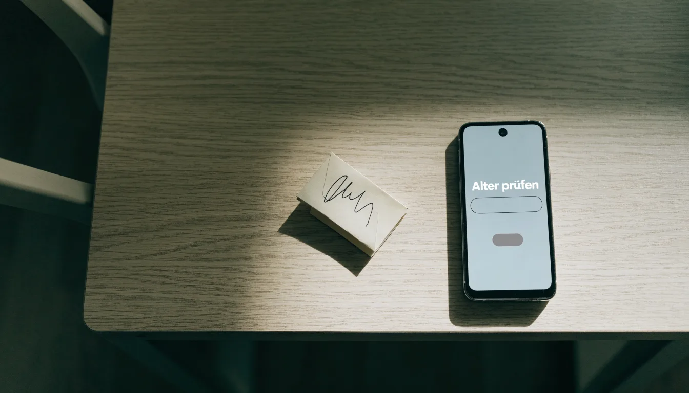 Ein Smartphone liegt mit dunklem Display auf einem Holztisch neben einem leeren Papier-Wettschein, Licht fällt von einem Fenster.