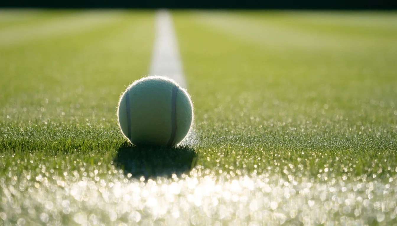 Ein Tennisball liegt auf frisch gemähtem Gras neben einer weißen Linie, Tautropfen glänzen im Gegenlicht.