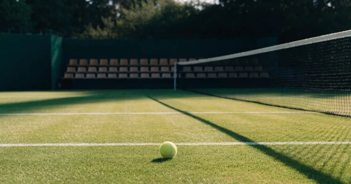 Ein Tennisplatz mit Rasenbelag im Morgenlicht, Netz und weiße Linien, im Hintergrund eine ruhige Tribüne.
