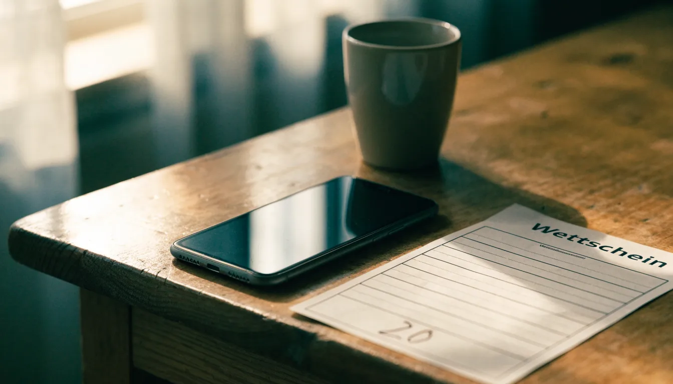 Ein Smartphone mit dunklem Display liegt neben einem leeren Papier-Wettschein auf einem Tisch am Fenster.