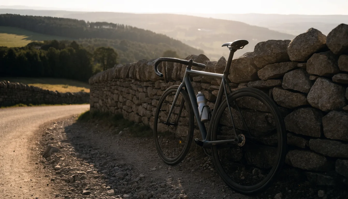 Ein Rennrad lehnt an einer Steinmauer in einer Bergkurve, im Hintergrund eine weite Hügellandschaft im Gegenlicht.