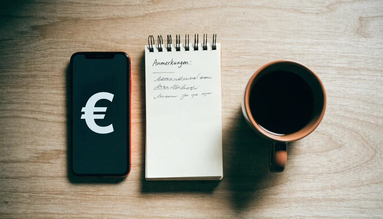 Ein Smartphone liegt auf einem Tisch neben einem Notizbuch mit handschriftlichen Notizen und einer Tasse Kaffee.