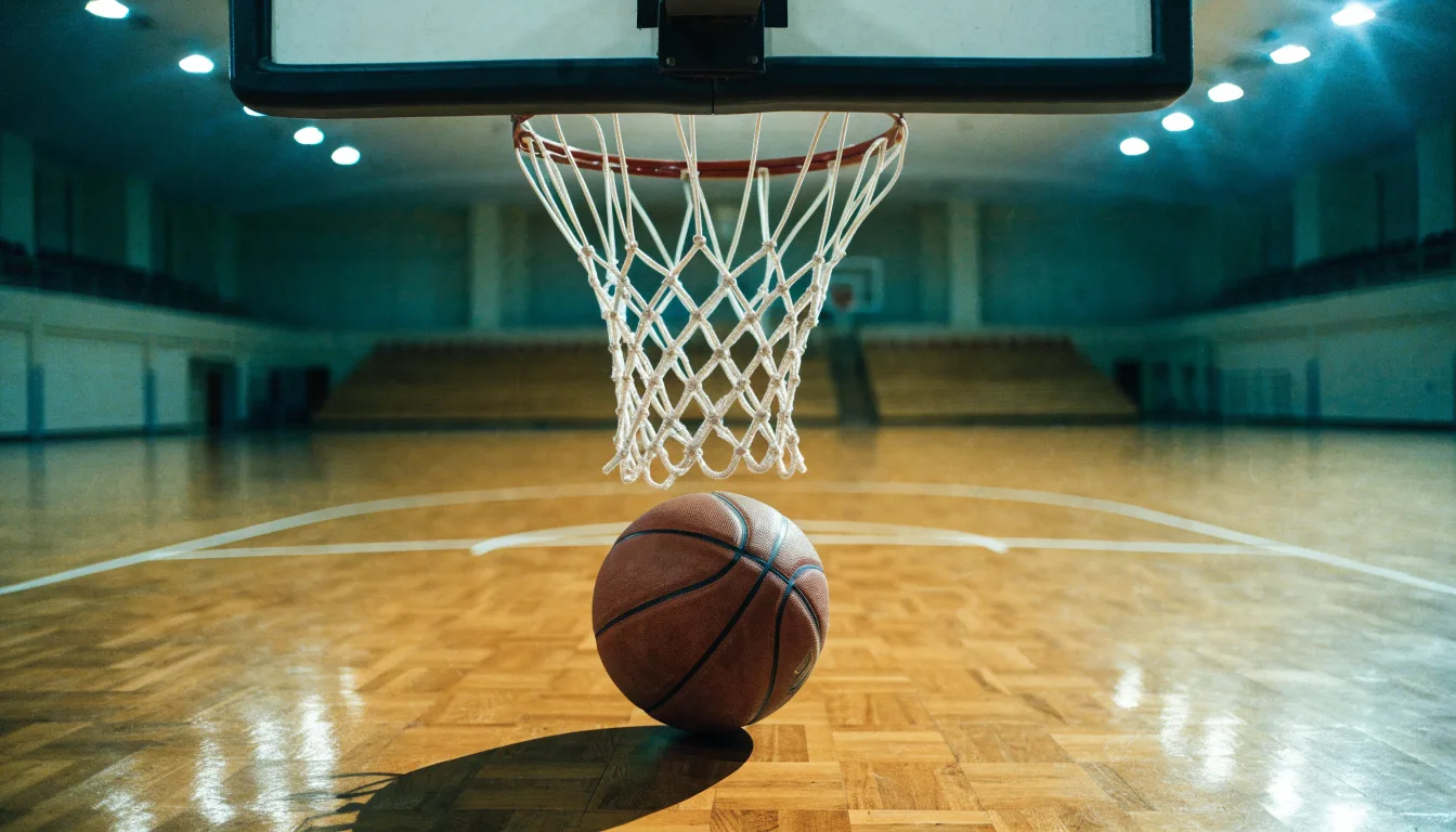Ein Basketballkorb in einer leeren Halle, der Ball liegt unter dem Brett auf dem Parkett.