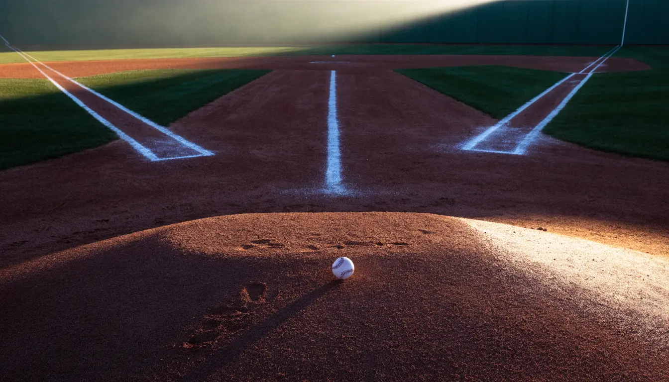 Ein Baseballfeld mit leerem Infield im Morgenlicht, die Linien frisch gezogen, keine Spieler im Bild.