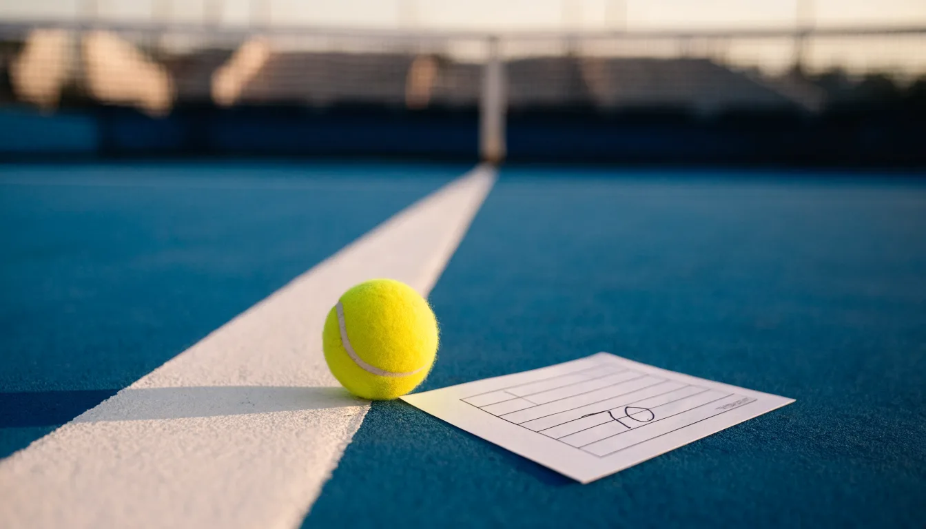 Ein Tennisball liegt in Nahaufnahme auf einer Grundlinie, dahinter verschwimmt ein leerer Platz in warmem Licht.