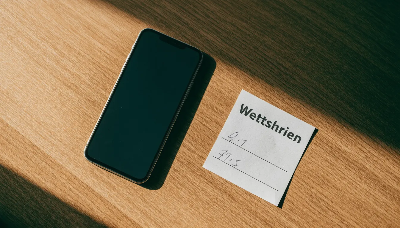 Ein Smartphone mit dunklem Display liegt neben einem leeren Papier-Wettschein auf einem Tisch, Licht fällt von der Seite.