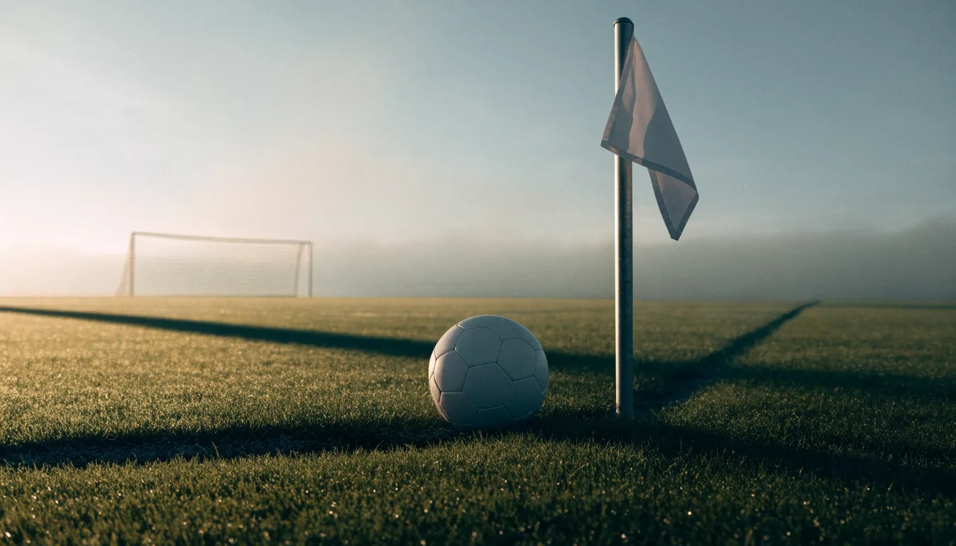 Ein Fußball liegt auf Rasen neben einer Eckfahne ohne Aufdruck auf einem leeren Platz im Morgenlicht.