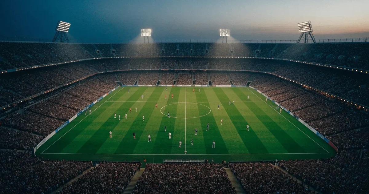 Ein riesiges Stadion in der Abenddämmerung aus der Vogelperspektive gesehen, die Lichter an den Rängen sind eingeschaltet.