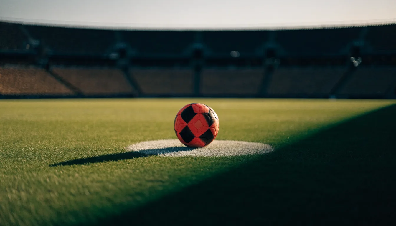 Ein Fußball liegt auf dem Anstoßpunkt eines Rasenplatzes, dahinter eine leere Tribüne im Abendlicht.