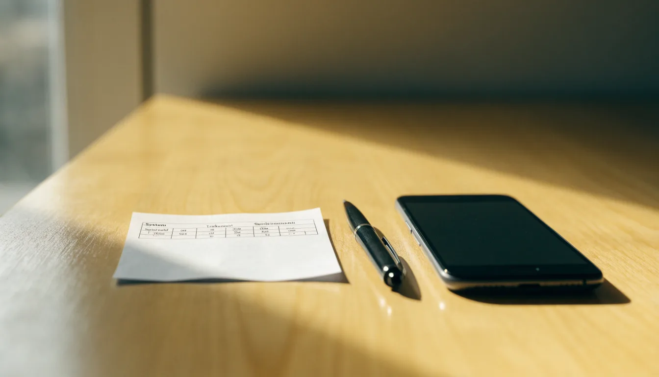 Ein leerer Papier-Wettschein und ein Kugelschreiber liegen neben einem Smartphone mit dunklem Display auf einem Schreibtisch am Fenster.