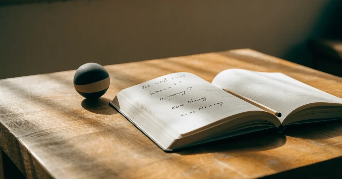 Ein Notizbuch mit handschriftlichen Notizen und einem Bleistift liegt auf einem Holztisch, daneben ein kleiner Fußball im Tageslicht.