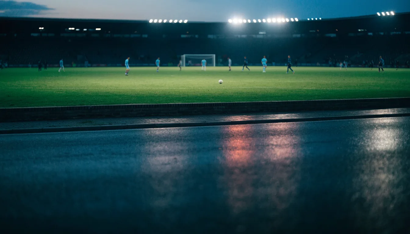 Ein Stadion unter Flutlicht aus großer Entfernung, davor eine leere Straße in der Abenddämmerung.