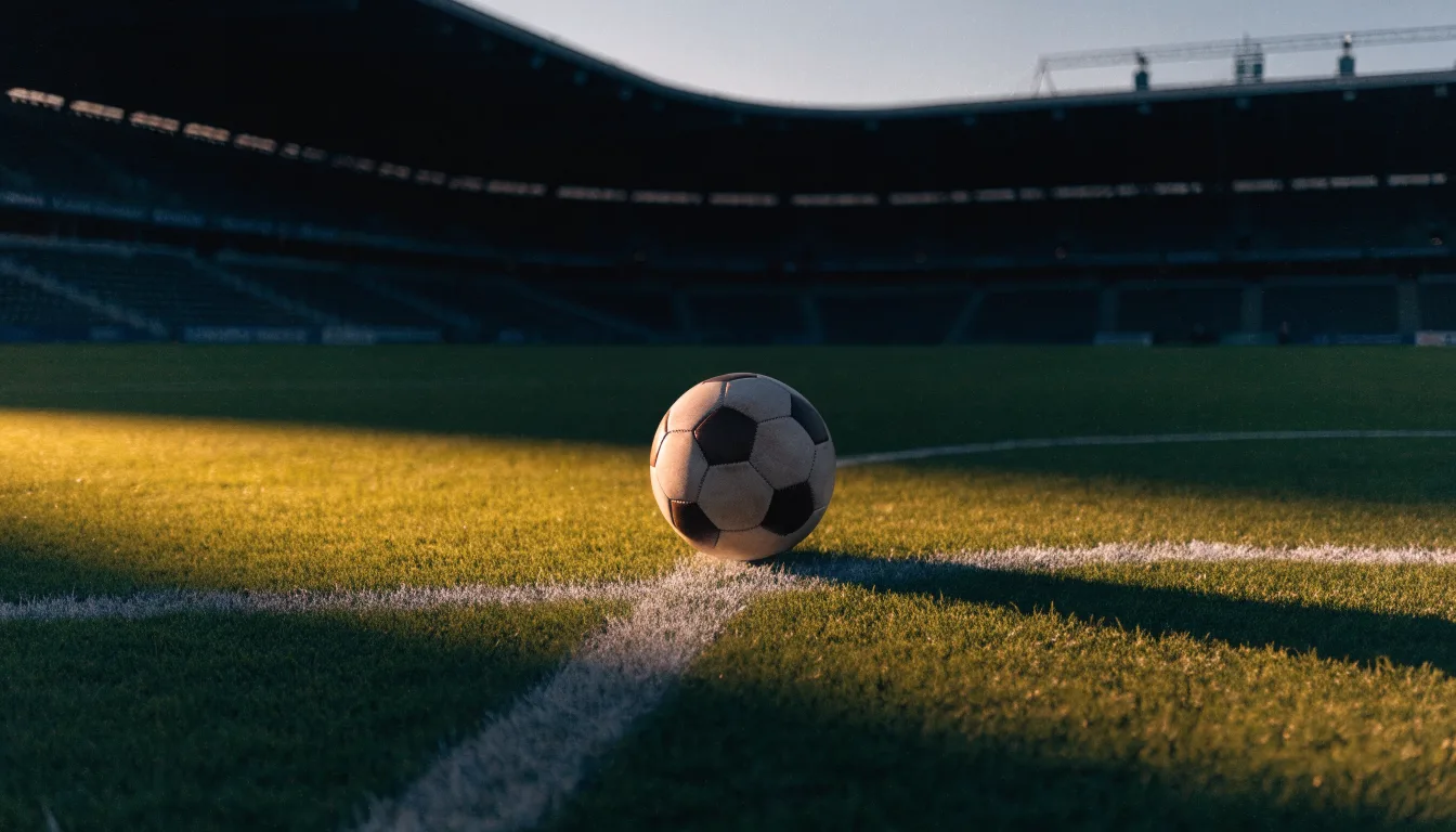 Ein Fußball liegt auf dem Anstoßpunkt eines Rasenplatzes, dahinter eine leere Tribüne im Abendlicht.