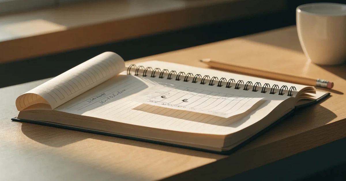 Eine Kaffeetasse, ein Notizbuch mit handschriftlichen Notizen und ein Bleistift auf einem hellen Schreibtisch am Morgen.