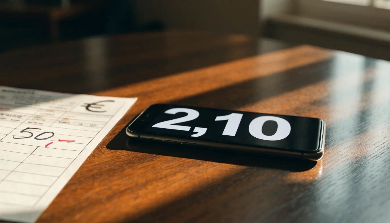 Ein Smartphone mit dunklem Display liegt neben einem leeren Papier-Wettschein auf einem Holztisch, Licht fällt von der Seite.